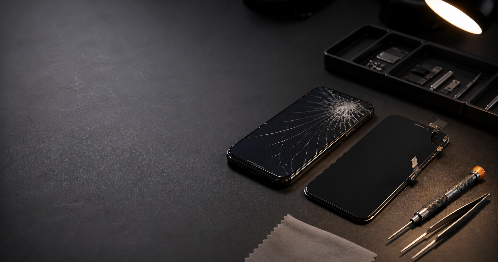 Cracked iPhone and replacement screen on a clean repair work surface
